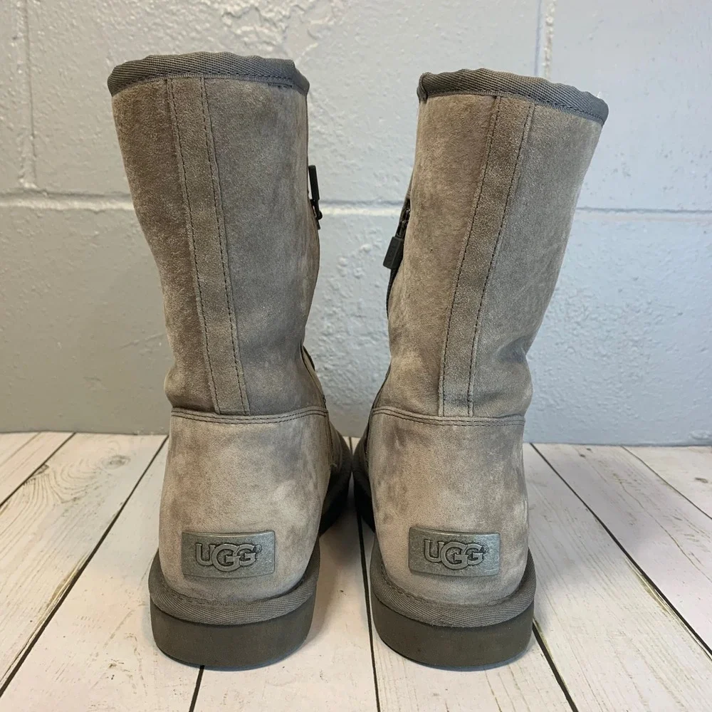 UGG Classic Short Gray Suede Leather Side Zip Shearling Boot Women's Size 8